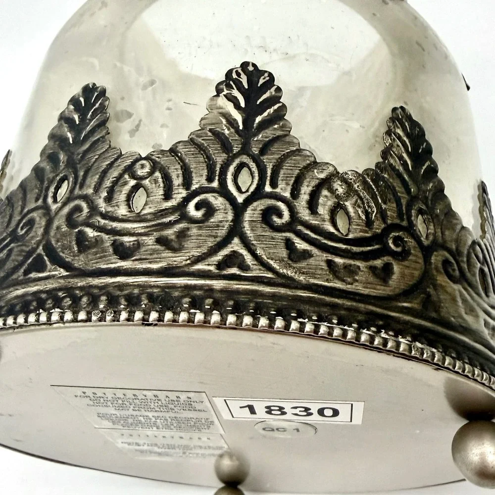 Pottery Barn Decor Mercury Glass Silver-Tone Metal Filigree Hurricane Vase 6.5